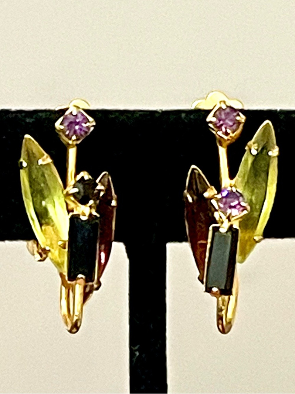 Vintage MCM Atomic Glass Rhinestone Floral Clip Earrings Green Black Purple Red - Picture 2 of 8